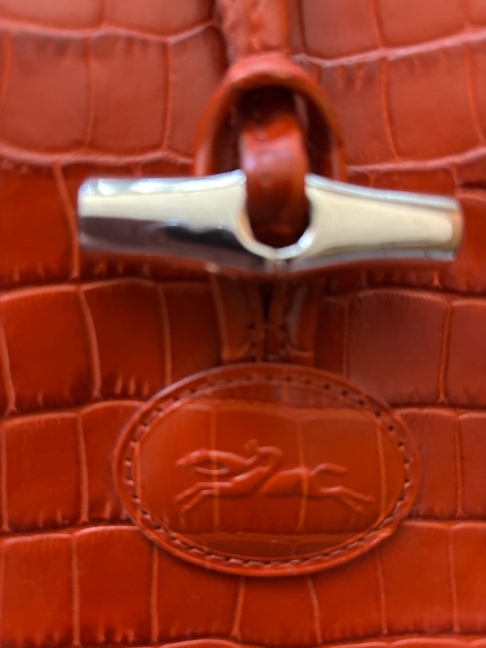 Croc-Embossed Orange Leather Satchel with Polished Hardw - Picture 6 of 10